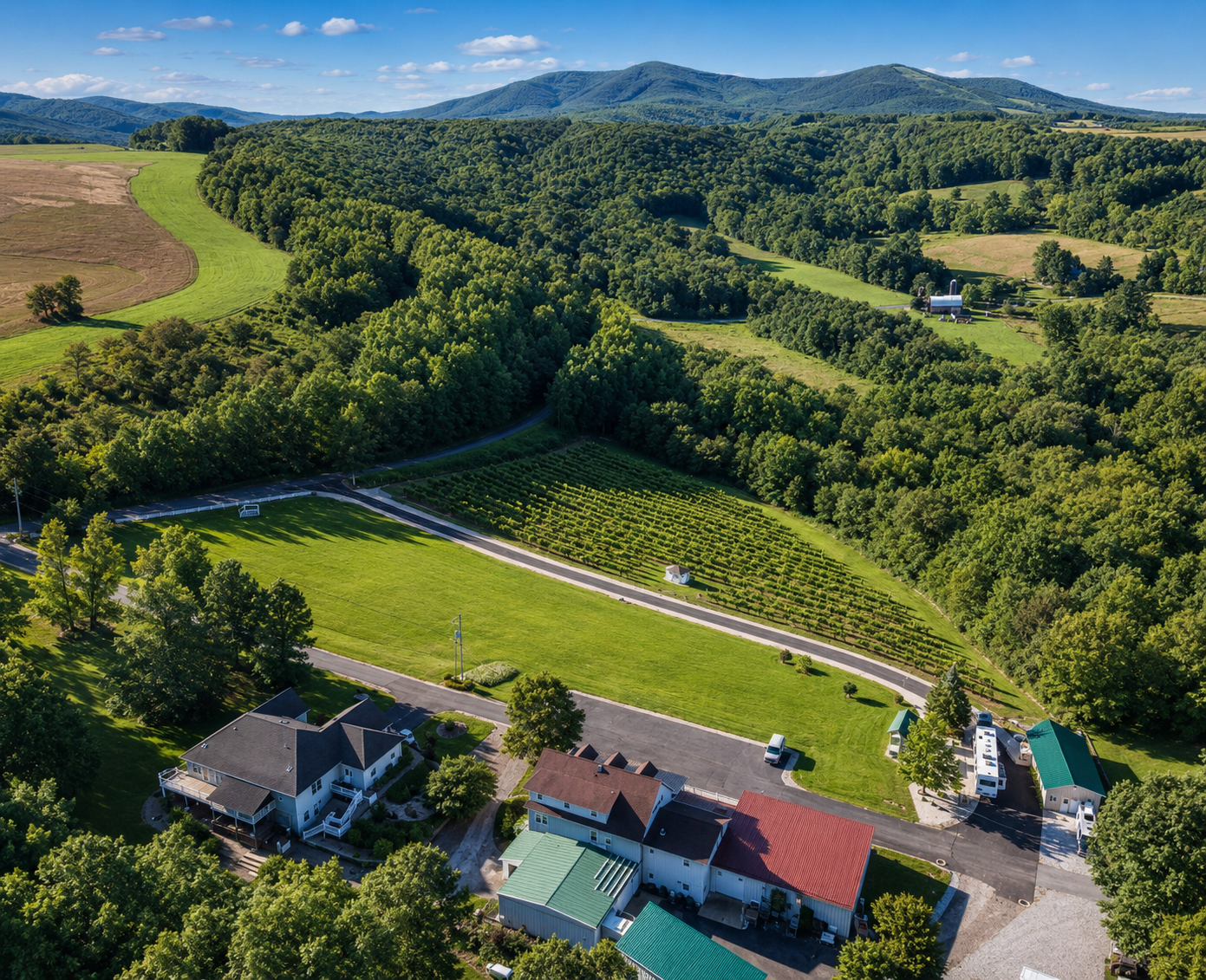 Aerial view of Starr Hill Vineyard and surrounding valley