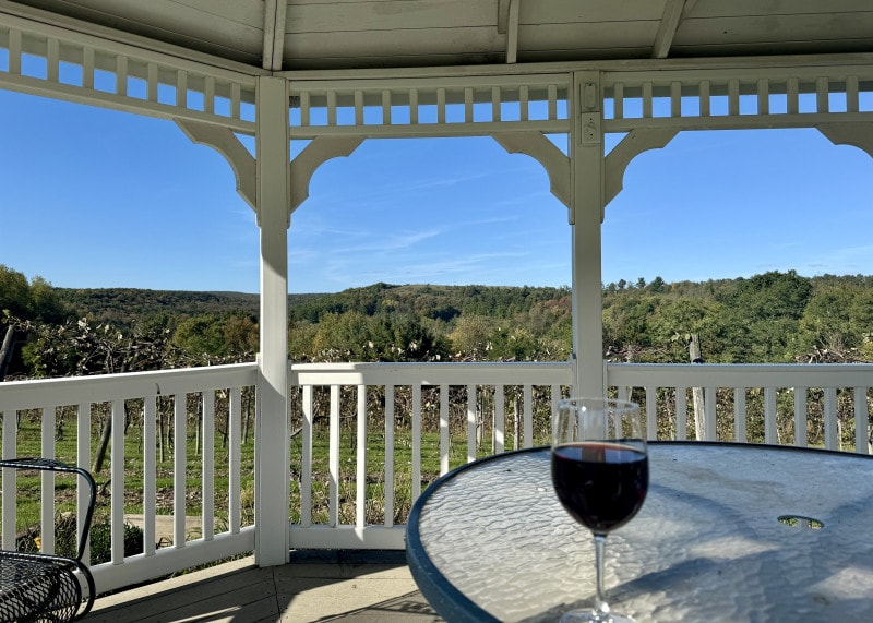 Wine glass on the gazebo at Starr Hill Vineyard with vineyard and valley views