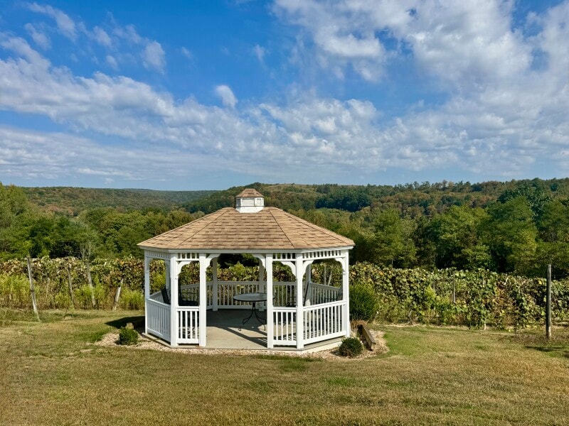 Starr Hill Vineyard gazebo overlooking the vineyard rows and Pennsylvania mountains