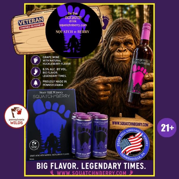 Squatch Berry grape wine with natural huckleberry flavor promotional poster